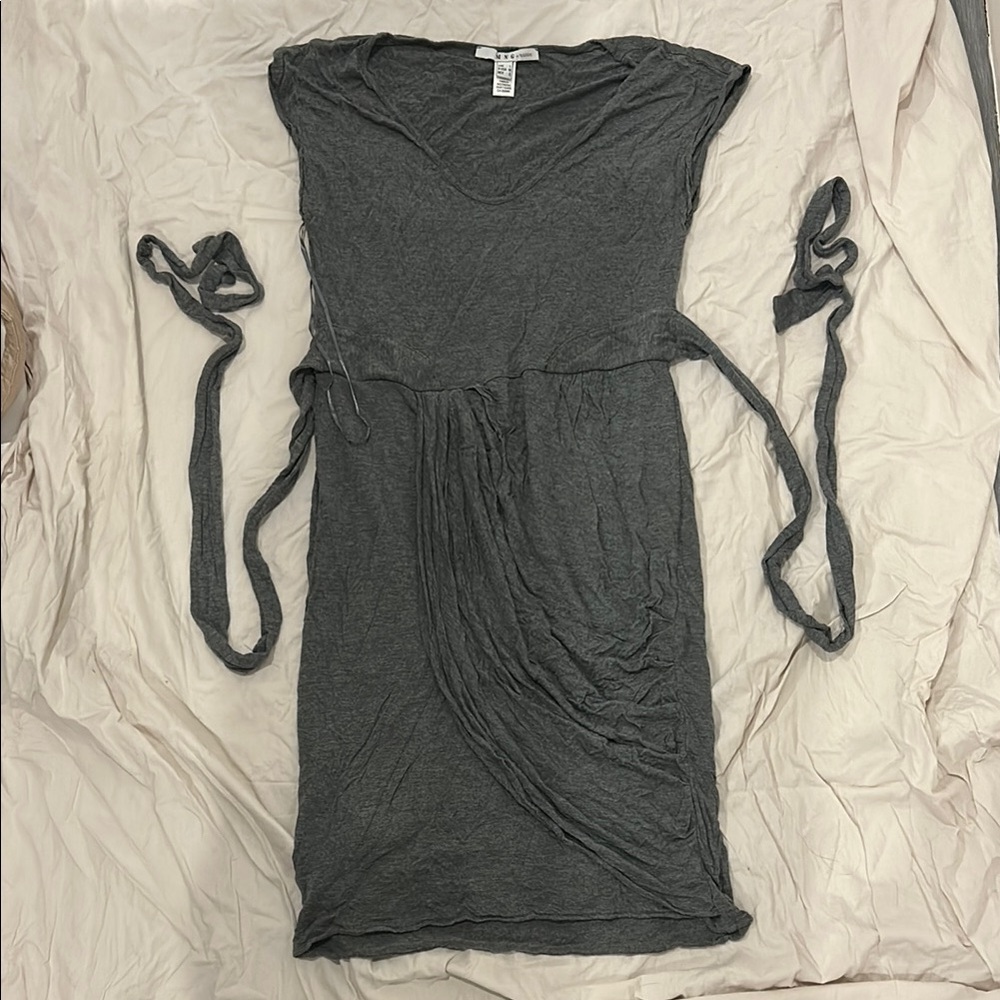 Mango Gray Asymmetrical Ruched Midi Dress